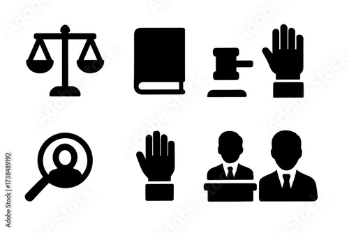 Legal Concepts Icons. Solid, filled icon set of legal concepts: justice, law, fairness, order, evidence, rights, testimony, legal ethics. [Solid, filled icons