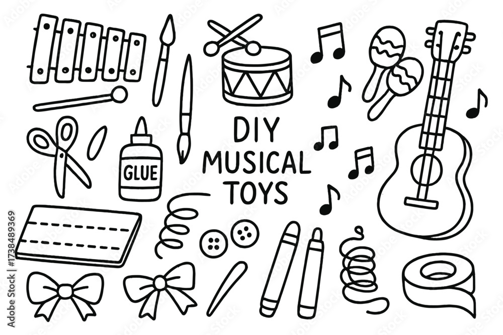 Obraz premium DIY Musical Toys Doodle. Hand-drawn doodle illustration DIY musical toys xylophone, drum, tambourine, paintbrush, scissors, glue, cardboard, music notes,