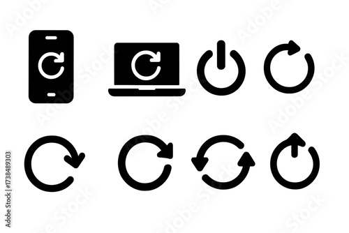 Device Restart Icons. Solid, filled icon set of device restart: smartphone restart, laptop reboot, power switch, refresh icon, reload arrow, reset icon,