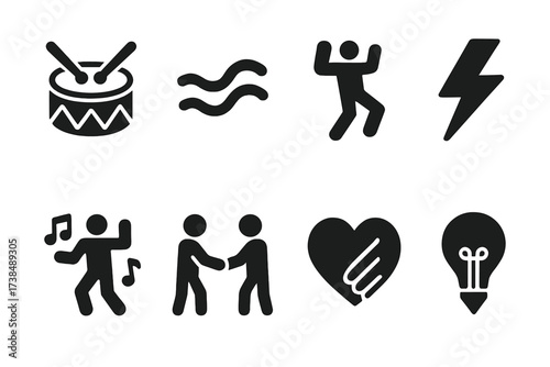 Groove Emotion Icons. Solid, filled icon set of groove emotions and symbolism: rhythm, flow, energy, vibe, movement, dance, connection, creativity. Solid,