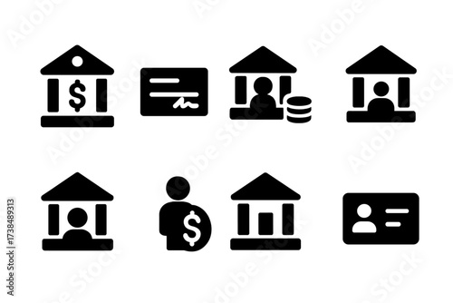 Banking Icons Grid. Solid, filled icon set of banking accounts: savings account, checking account, joint account, fixed deposit, business account, student