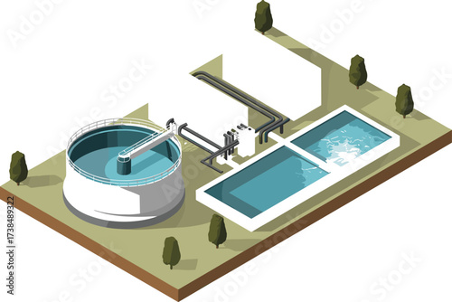 Isometric illustration of industrial water treatment plant, waste management facility, clean water system, filtration tanks,