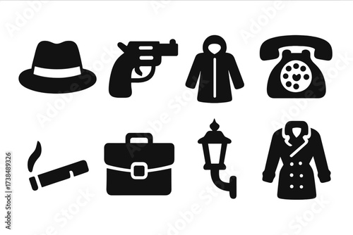 Noir Icon Set. Solid, filled icon set of noir mystery: fedora, revolver, raincoat, old phone, cigarette, briefcase, alley lamp, trench coat. Solid, filled