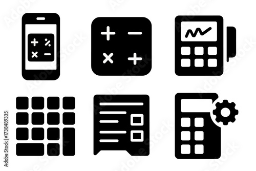 Digital Calculator Icons. Solid, filled icon set of digital calculator interfaces: touch screen calculator, calculator app icon, calculator widget, calculator