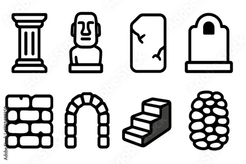 Stone Icon Collection. Solid, filled icon set of carved and shaped stones: stone pillar, carved statue, stone tablet, tombstone, stone wall, stone arch, stone