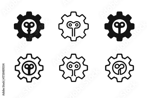 Clockwork Logo Variations. Mechanical inventions. Set Logo of Mechanical inventions: Clockwork mechanism. harmonious logo variations of the same emblematic