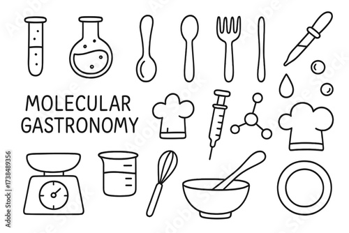 Molecular Gastronomy Doodles. Hand-drawn doodle illustration Molecular gastronomy test tube, flask, spoon, fork, plate, droplet, pipette, whisk, foam bubble,