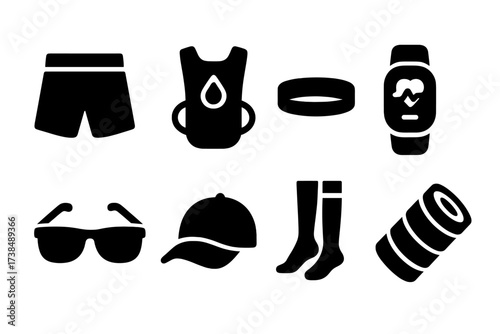 Marathon Gear Icons. Solid, filled icon set of marathon training gear: running shorts, hydration pack, sweatband, fitness tracker, sunglasses, hat, compression