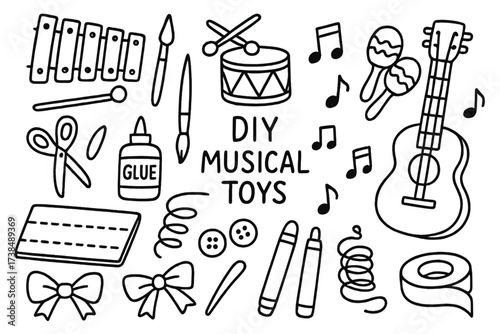 DIY Musical Toys Doodle. Hand-drawn doodle illustration DIY musical toys xylophone, drum, tambourine, paintbrush, scissors, glue, cardboard, music notes,