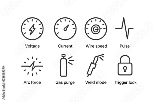 Welding Machine Icons. Outline icon set of welding machine settings: voltage dial, current dial, wire speed control, pulse mode, arc force, gas purge, weld
