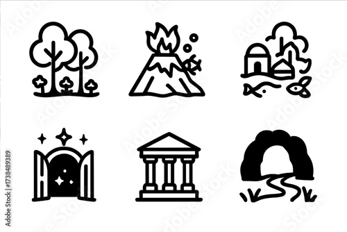Mythical Landscape Icons. Solid, filled icon set of mythological landscapes: enchanted forest, volcanic mountain, underwater city, floating island, celestial
