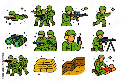 Colorful Infantry Icons. Infantry advance. Colorful isometric vector icons set of infantry advance: soldiers crawling, riflemen in formation, sniper in