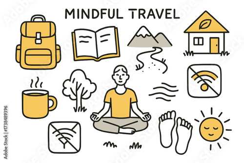 Mindful Travel Doodle. Mindful Travel. Hand-drawn doodle illustration Mindful Travel backpack (accented), open journal (accented), nature path, mountain peak,