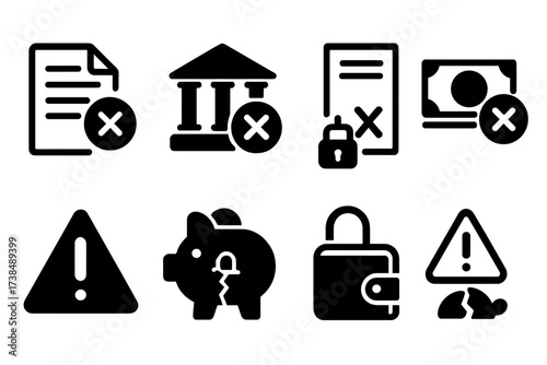 Failed Loan Icons. Solid, filled icon set of failed loan request: rejected papers, red cross mark, blocked bank, canceled contract, denied cash, locked wallet,