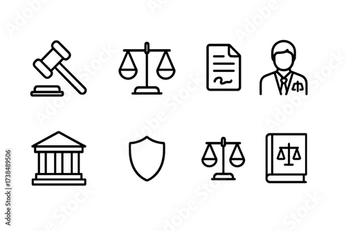 Legal Icon Set. Outline icon set of legal guidance: gavel, scales of justice, contract, lawyer, courthouse, shield, balance, law book. Line icons in only black