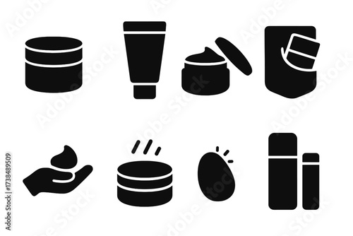 Travel Essentials Icons. Solid, filled icon set of cream balm travel essentials: compact size, leak-proof packaging, travel tube, reusable container, pocket