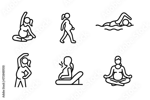 Pregnancy Exercise Icons. Outline icon set of pregnancy exercise: yoga, walking, swimming, stretching, breathing exercises, relaxation, pelvic floor,