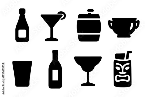Party Drink Icons. Solid, filled icon set of party drinks: champagne bottle, cocktail glass, beer keg, punch bowl, shot glass, wine bottle, margarita glass,