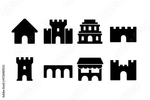 Ancient Buildings Icon Set. Solid, filled icon set of ancient buildings and settlements: hut, fortress, palace, wall, tower, bridge, marketplace, gate. Solid,