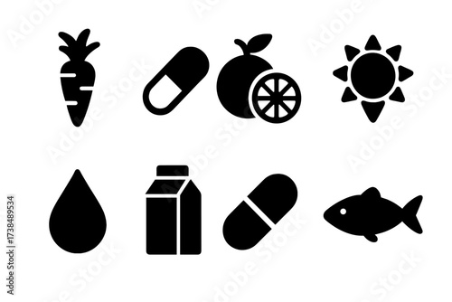 Nourishment Vitamin Icons. Solid, filled icon set of nourishment vitamins: vitamin A, vitamin B complex, vitamin C, vitamin D, vitamin E, calcium, iron,