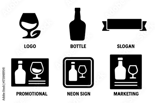 Brandy Icon Set. Solid, filled icon set of brandy advertising and branding: logo design, label, bottle silhouette, slogan banner, promotional flyer, neon sign,
