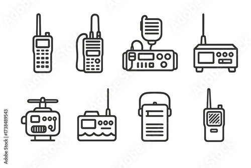 Military Radio Icons. Outline icon set of military radio types: handheld transceiver, vehicle-mounted radio, manpack radio, base station radio, airborne radio,