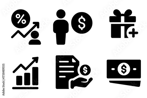Broker Earnings Icons. Solid, filled icon set of broker earnings: commission, fee, bonus, profit, invoice, payment, contract, cash. [Solid, filled icons in