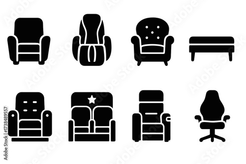 Luxury Seating Icons. Solid, filled icon set of luxury seating: leather recliner, massage chair, velvet armchair, cushioned bench, theater lounger, VIP booth,