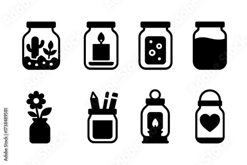 Jar Craft Icon Set. Solid, filled icon set of jar crafts: terrarium, candle making, soap making, storage jar, flower vase, pen holder, lantern, memory jar.