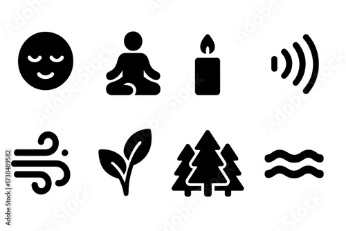 Breath and Relaxation Icons. Solid, filled icon set of breath and relaxation: calm face, lotus pose, candle, sound waves, nature air, breeze, forest, ocean