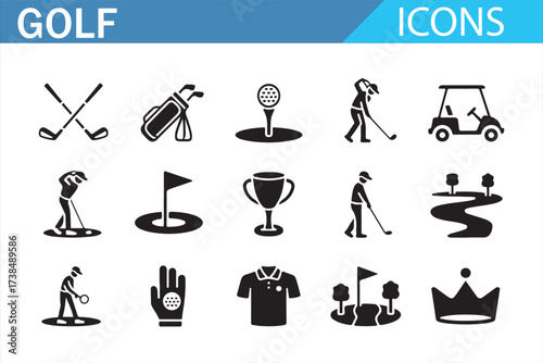 Complete golf symbol set: gear, actions, and course features
