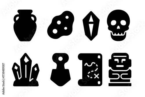 Cave Treasures Icons. Solid, filled icon set of cave treasures: ancient pot, gold nugget, gemstone, skull, crystal cluster, artifact, map scroll, golden idol.