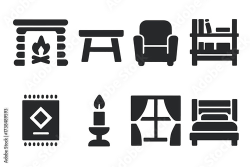Log Cabin Icons. Solid, filled icon set of log cabin interior elements: fireplace, wooden table, armchair, bookshelf, rug, candle, window with curtains, bed.