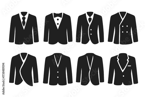 Suit Icon Set. Solid, filled icon set of suit types: business suit, tuxedo, three-piece suit, double-breasted suit, morning suit, lounge suit, dinner jacket,