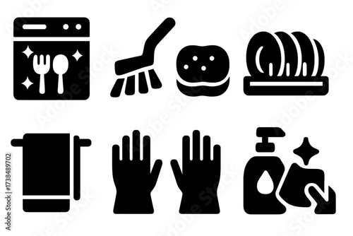 Cutlery Cleaning Icons. Solid, filled icon set of cutlery cleaning: dishwasher, scrub brush, sponge, drying rack, soap dispenser, towel, gloves, polishing