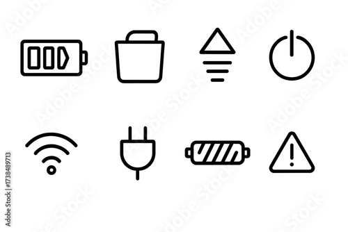 Vacuum Indicator Icons. Outline icon set of vacuum cleaner indicators: battery level, full dustbin, filter status, power mode, connectivity, charging, brush