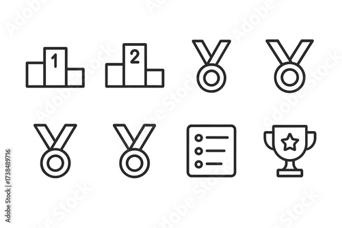 Competition Ranking Icons. Outline icon set of competition ranking: first place, second place, third place, gold medal, silver medal, bronze medal, ranking