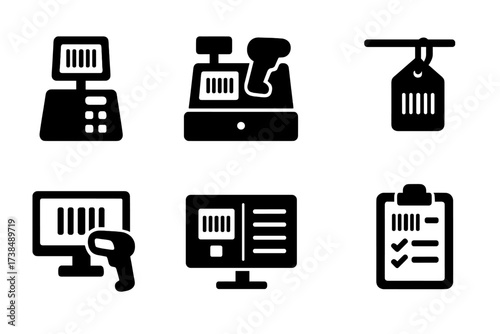Retail Barcode Icon Set. Solid, filled icon set of barcode in retail: POS system, cash register, scanner gun, shelf tag, price checker, stock monitor, product