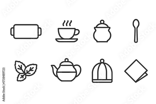 Mint Tea Icon Set. Outline icon set of mint tea serving: tea tray, teacup with steam, sugar pot, teaspoon, mint garnish, glass teapot, tea cozy, serving