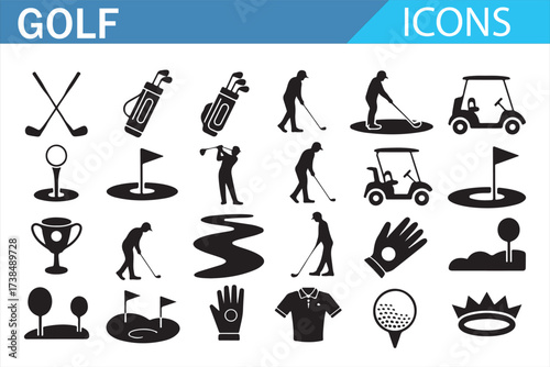 Golf course elements and gear icons in silhouette