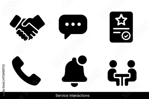 Service Icons Grid. Solid, filled icon set of service interactions: handshake, chat bubble, rating star, feedback form, phone call, email, notification,