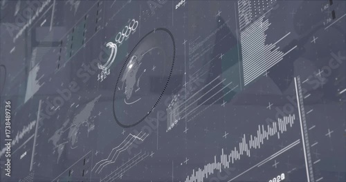Dotted circular overlay fading focusing on South America as graphs draw, bars pulse, panels retract