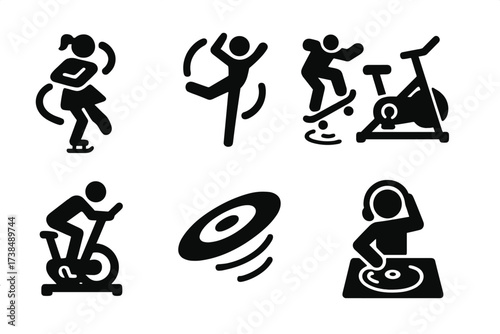 Sports Spin Icon Set. Solid, filled icon set of spin sports: figure skating spin, gymnastics spin, skateboarding spin, spinning bike, spinning class, spinning