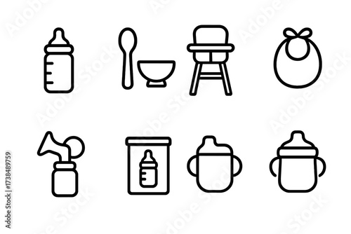 Nursery Feeding Icon Set. Outline icon set of nursery feeding: bottle, spoon, bowl, high chair, bib, breast pump, formula can, sippy cup. Line icons in only