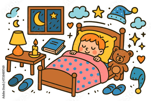 Tucked In Dreams. Tucked In. Colorful Hand-drawn doodle Children illustration Tucked In pillow, blanket, teddy bear, bed, slippers, lamp, candle, book, moon,