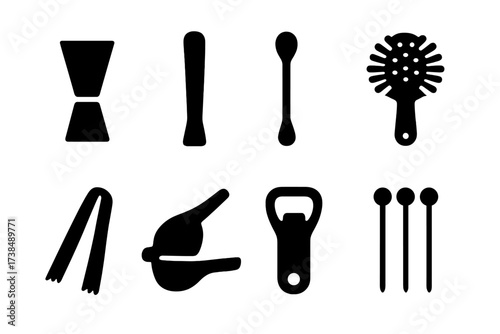 Bar Tools Icon Set. Solid, filled icon set of shaker tools and accessories: jigger, muddler, bar spoon, strainer, ice tongs, citrus squeezer, bottle opener,