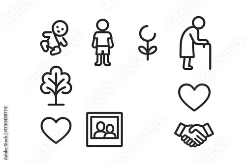 Family Generations Icons. Outline icon set of family generations: baby, child, adult, elderly person, family tree, photo frame, heart, handshake. Line icons in