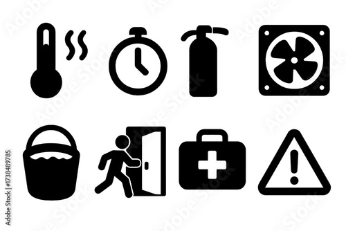 Banya Safety Icons. Solid, filled icon set of banya safety: thermometer, timer, fire extinguisher, ventilation, water bucket, emergency exit, first aid kit,