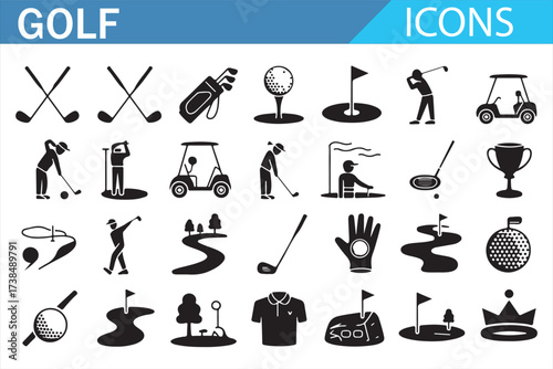 Minimal golf icons: clubs, ball, tee, cart, trophy, course
