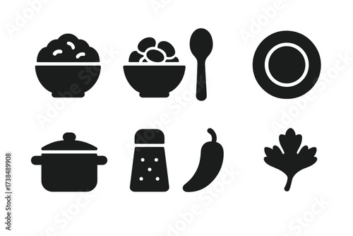 Rice and Beans Icons. Solid, filled icon set of rice and beans: bowl of rice, bowl of beans, spoon, plate, pot, seasoning jar, chili pepper, cilantro leaf.